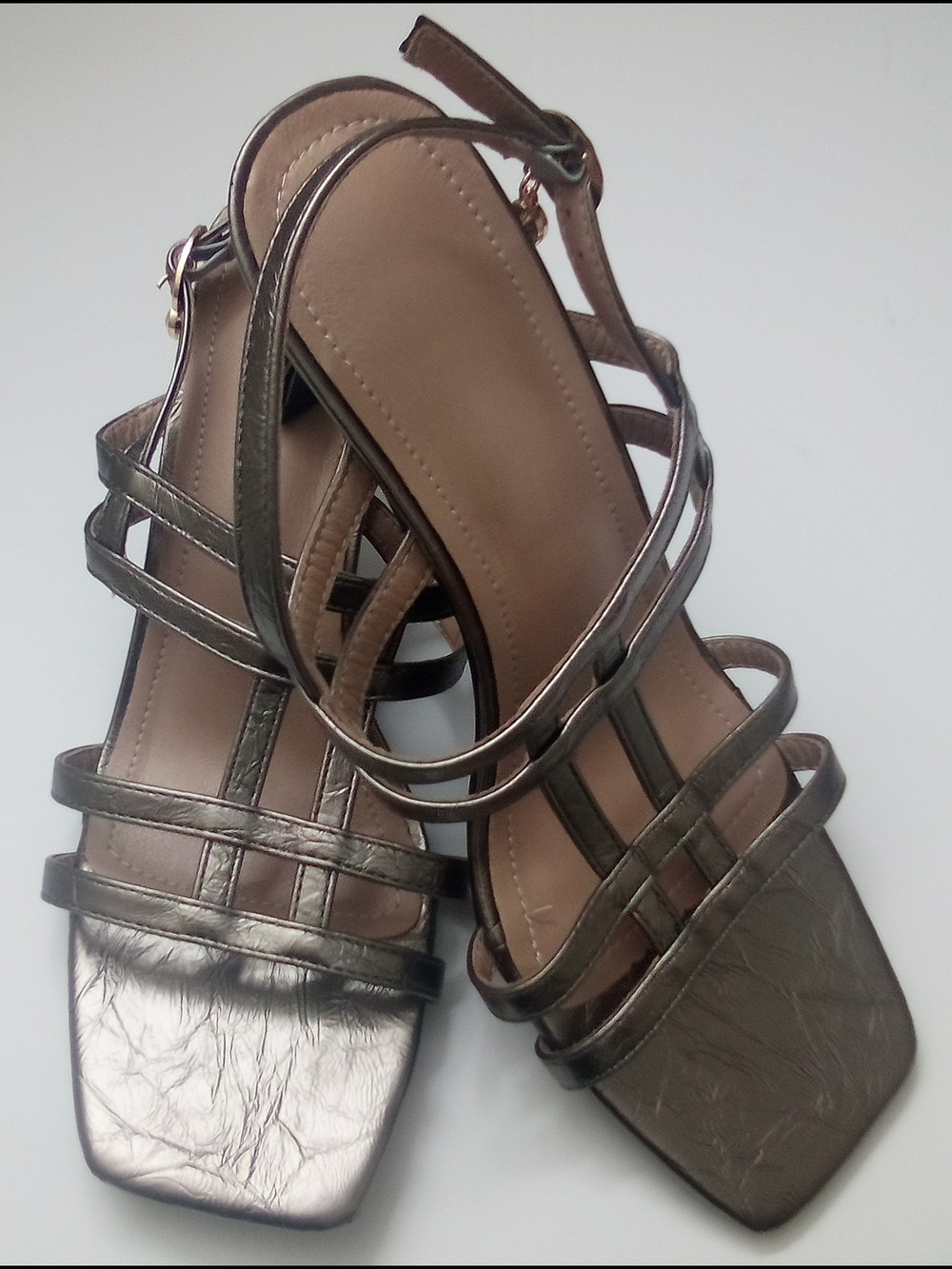 Metallic Bronze Strappy Block Heel Sandals